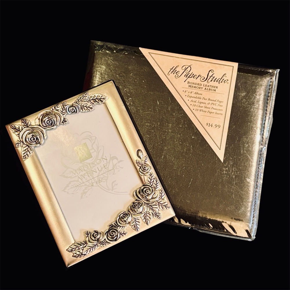 Y2k wedding keepsake Silver Floral Embossed Photo & Black Leather Memory Album